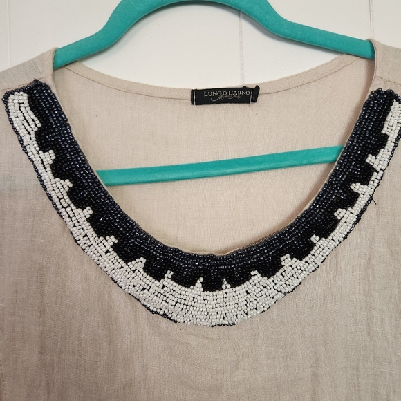 Lungo L'Arno Linen Beaded Shell Tank Top Ribbed Stretch Beige Womens Size 2X - Picture 2 of 8